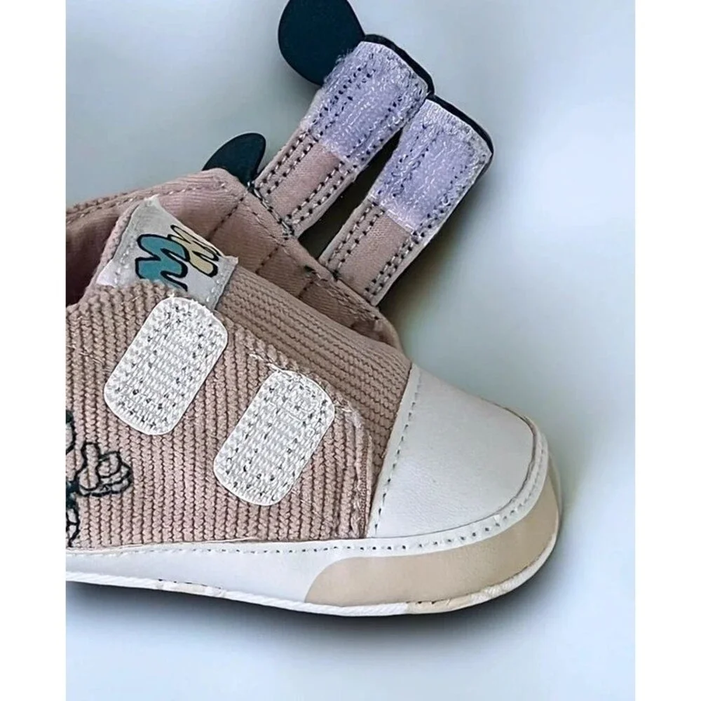 Disney Baby Soft Infant Crib Shoes Tan Corduroy Embroidered Mickey Mouse 6-9m